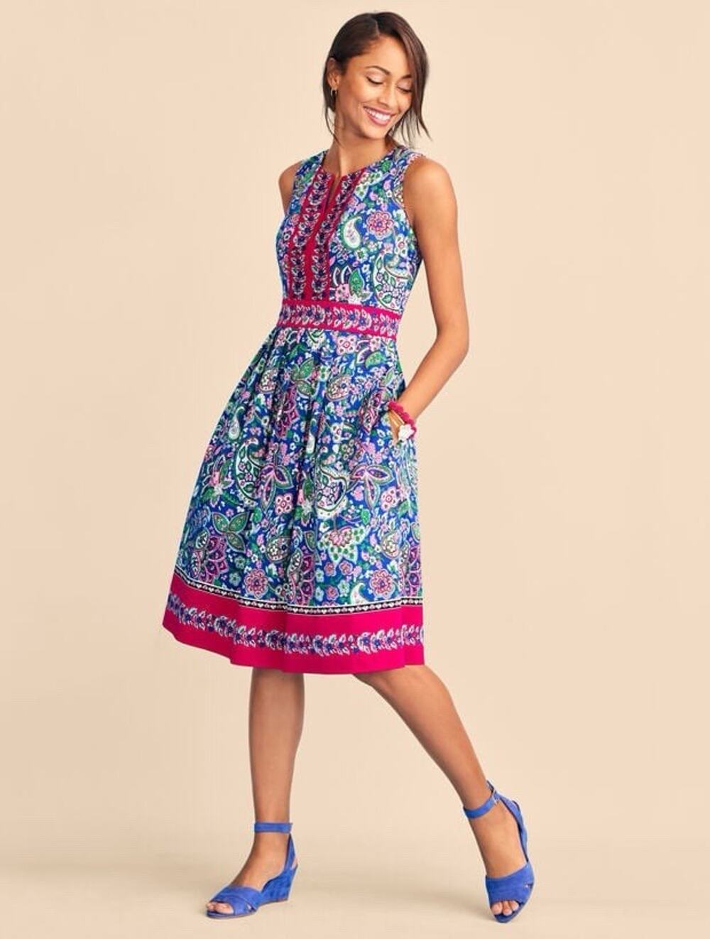 Talbots Women’s Paisley Fit & Flare Dress Blue Pink Size 4 NWT